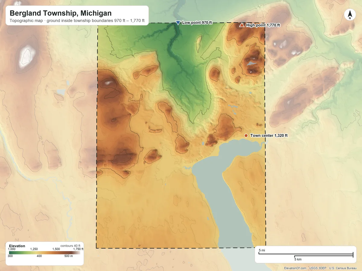 Topographic elevation map of Bergland Township, Michigan, shaded from 970 ft on the northwest side to 1,770 ft on the north side