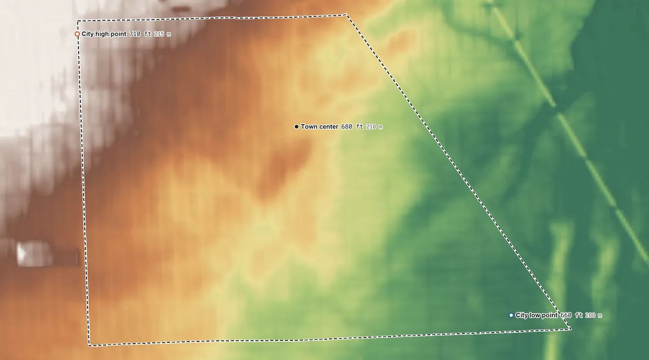 Topographic elevation map of Berkley, Michigan, shaded from 660 ft on the southeast side to 710 ft on the northwest side