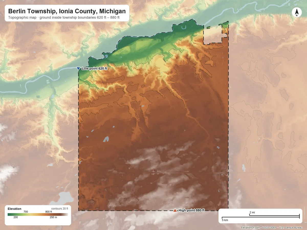Topographic elevation map of Berlin Township, Ionia County, Michigan, shaded from 620 ft on the west side to 880 ft on the south side