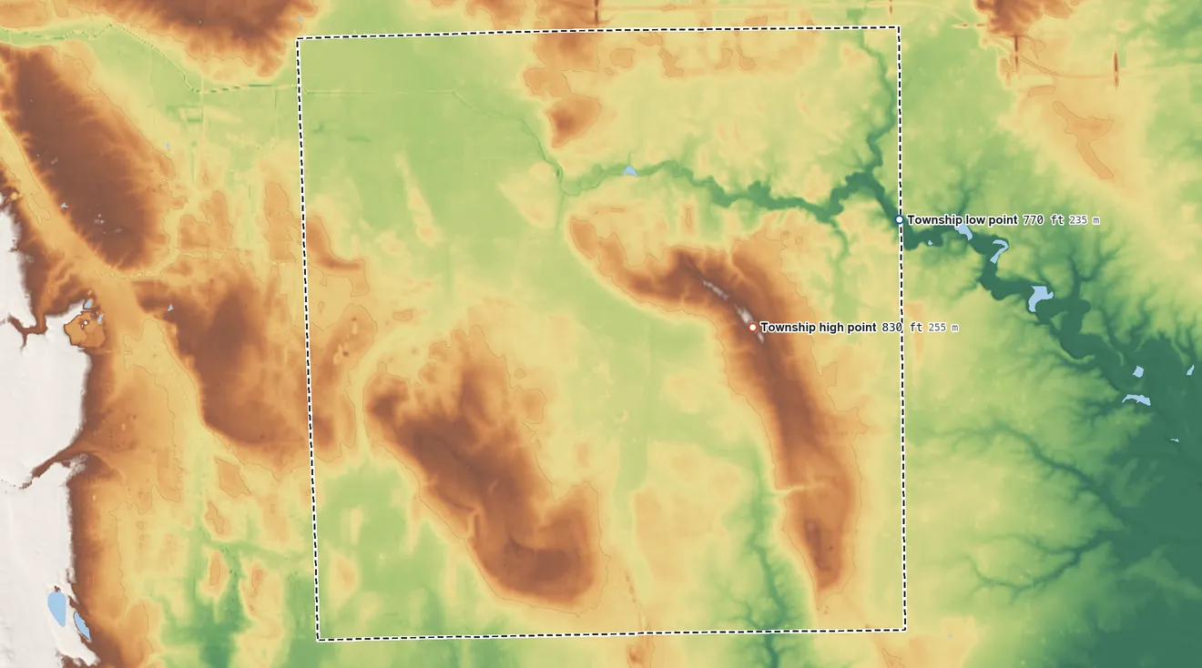Topographic elevation map of Berlin Township, St. Clair County, Michigan, shaded from 770 ft on the northeast side to 830 ft on the northeast side