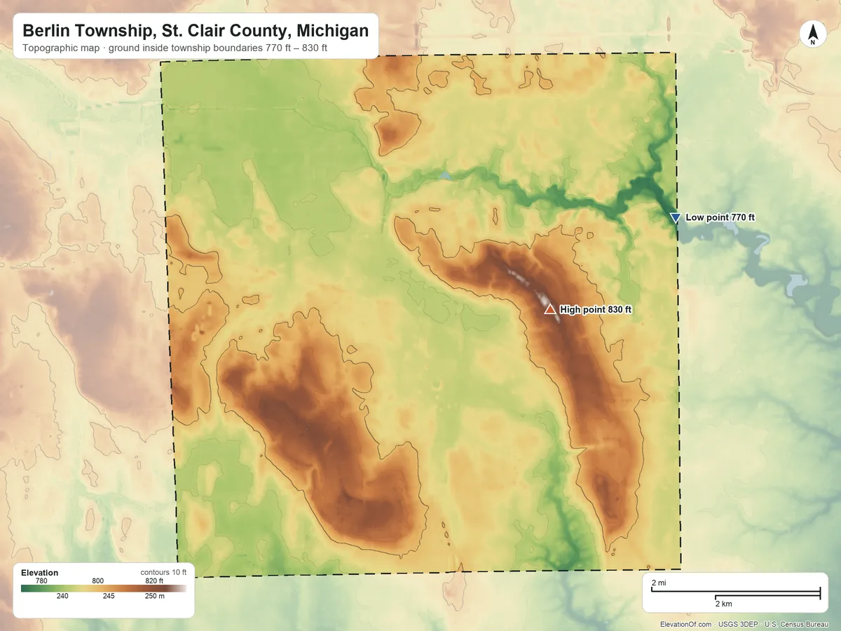 Topographic elevation map of Berlin Township, St. Clair County, Michigan, shaded from 770 ft on the northeast side to 830 ft on the northeast side