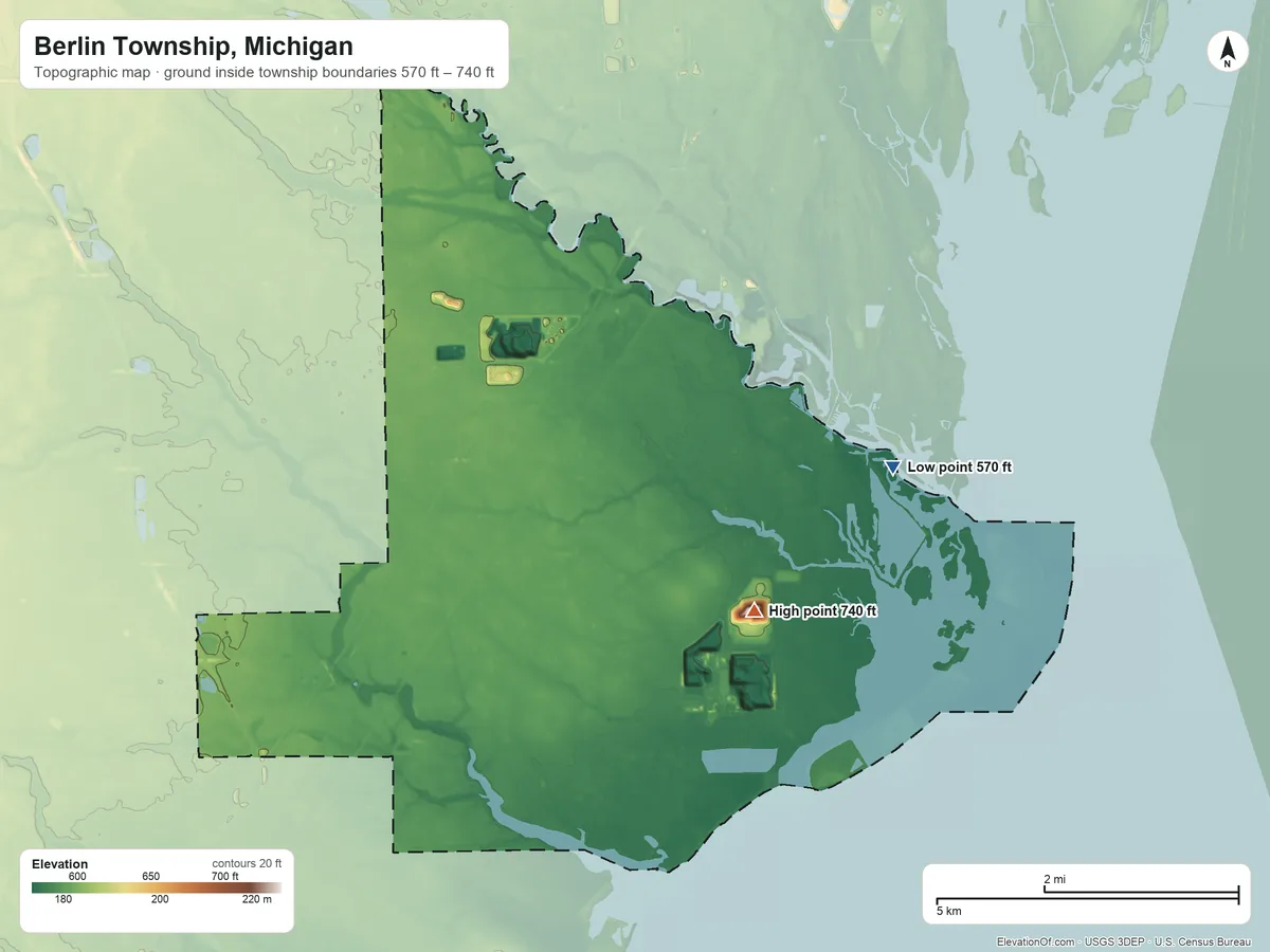 Topographic elevation map of Berlin Township, Michigan, shaded from 570 ft on the east side to 740 ft on the east side