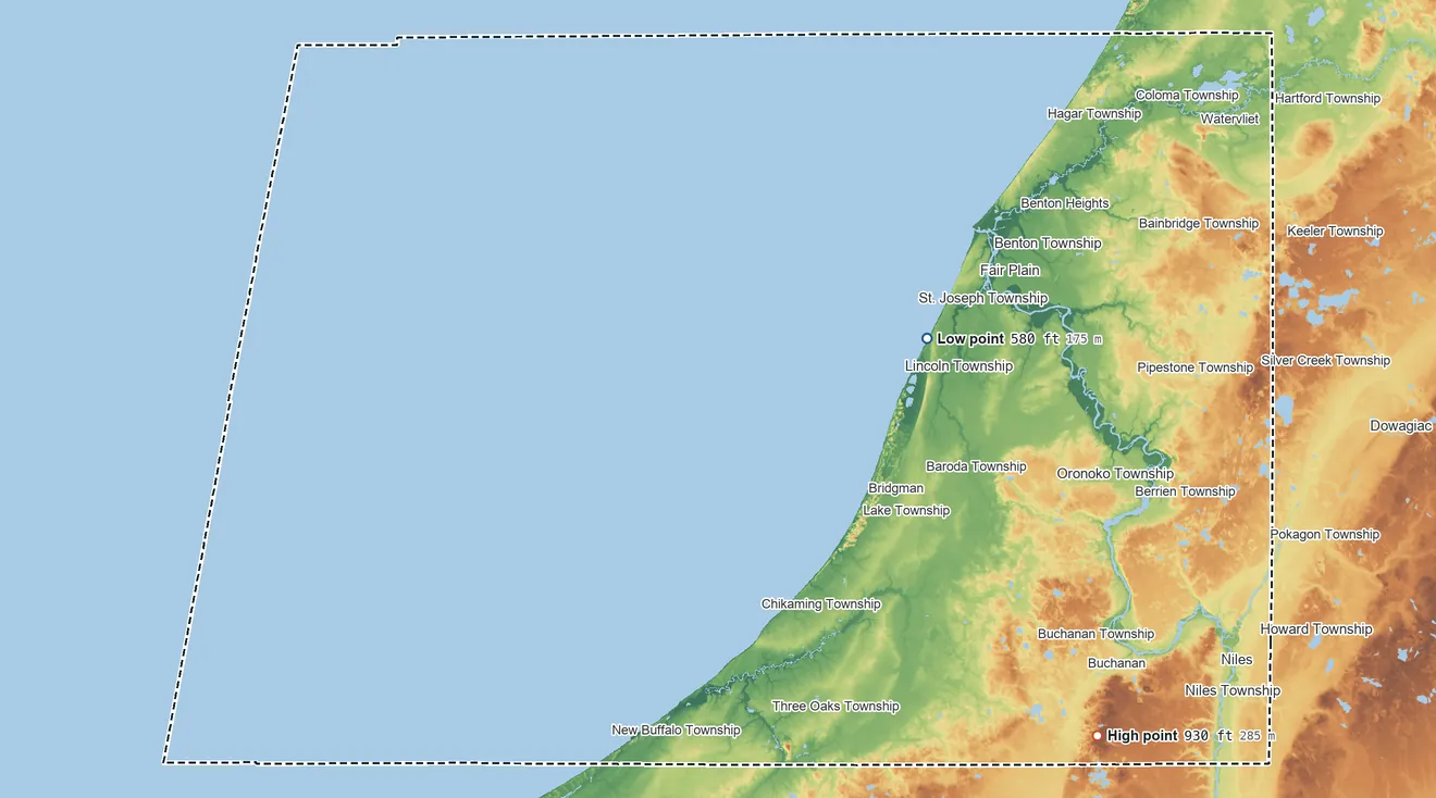 Topographic elevation map of Berrien County, Michigan, shaded from 580 ft on the east side to 930 ft on the southeast side