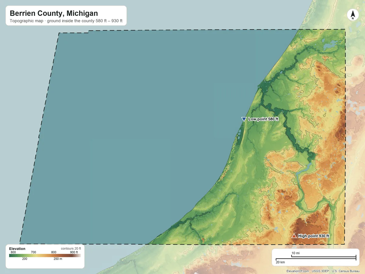 Topographic elevation map of Berrien County, Michigan, shaded from 580 ft on the east side to 930 ft on the southeast side