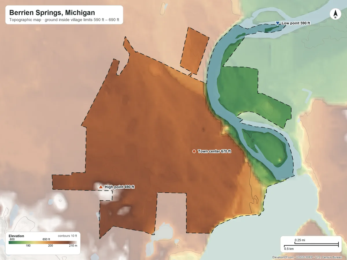 Topographic elevation map of Berrien Springs, Michigan, shaded from 590 ft on the northeast side to 690 ft on the west side