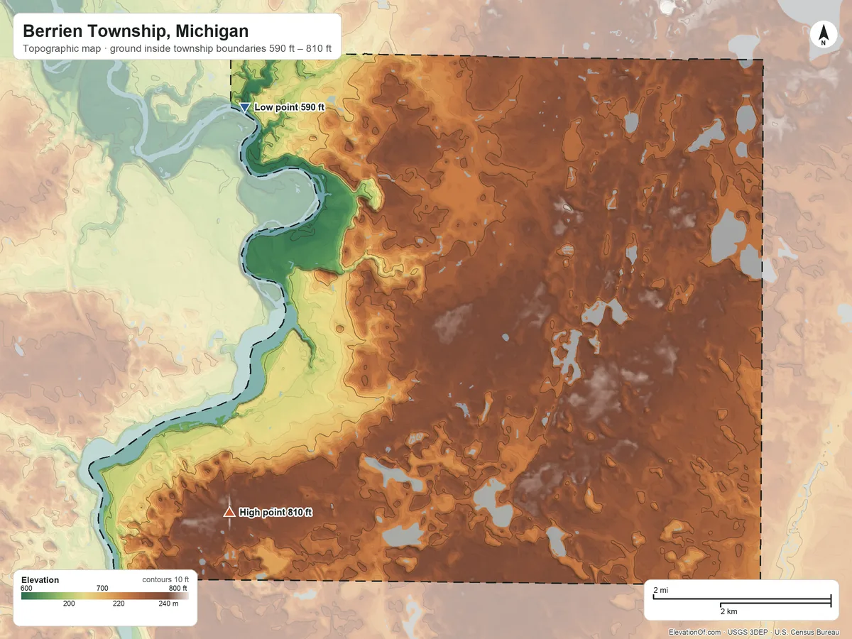 Topographic elevation map of Berrien Township, Michigan, shaded from 590 ft on the northwest side to 810 ft on the southwest side
