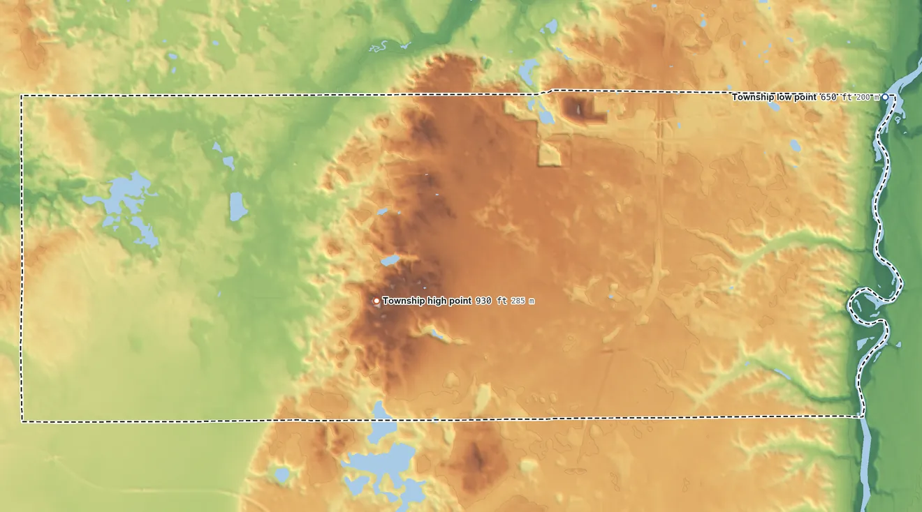 Topographic elevation map of Bertrand Township, Michigan, shaded from 650 ft on the east side to 930 ft on the southwest side