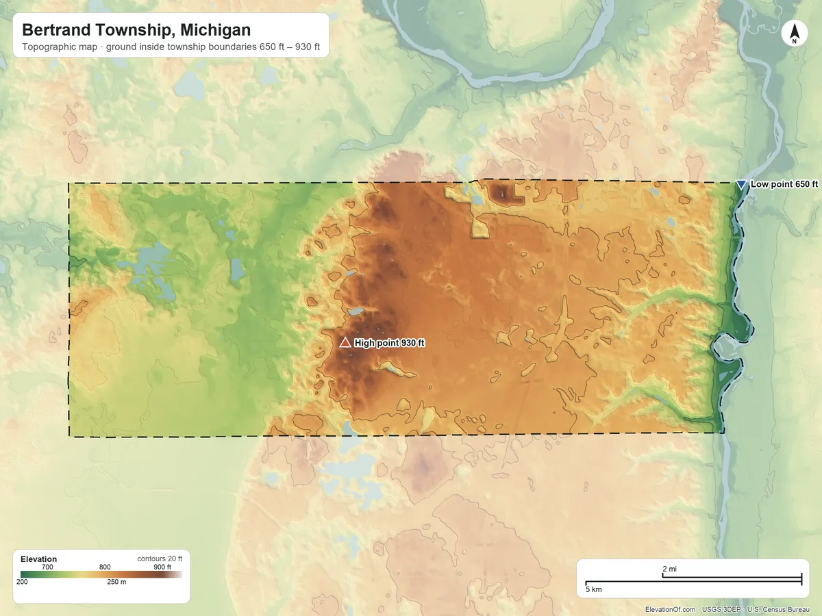 Topographic elevation map of Bertrand Township, Michigan, shaded from 650 ft on the east side to 930 ft on the southwest side
