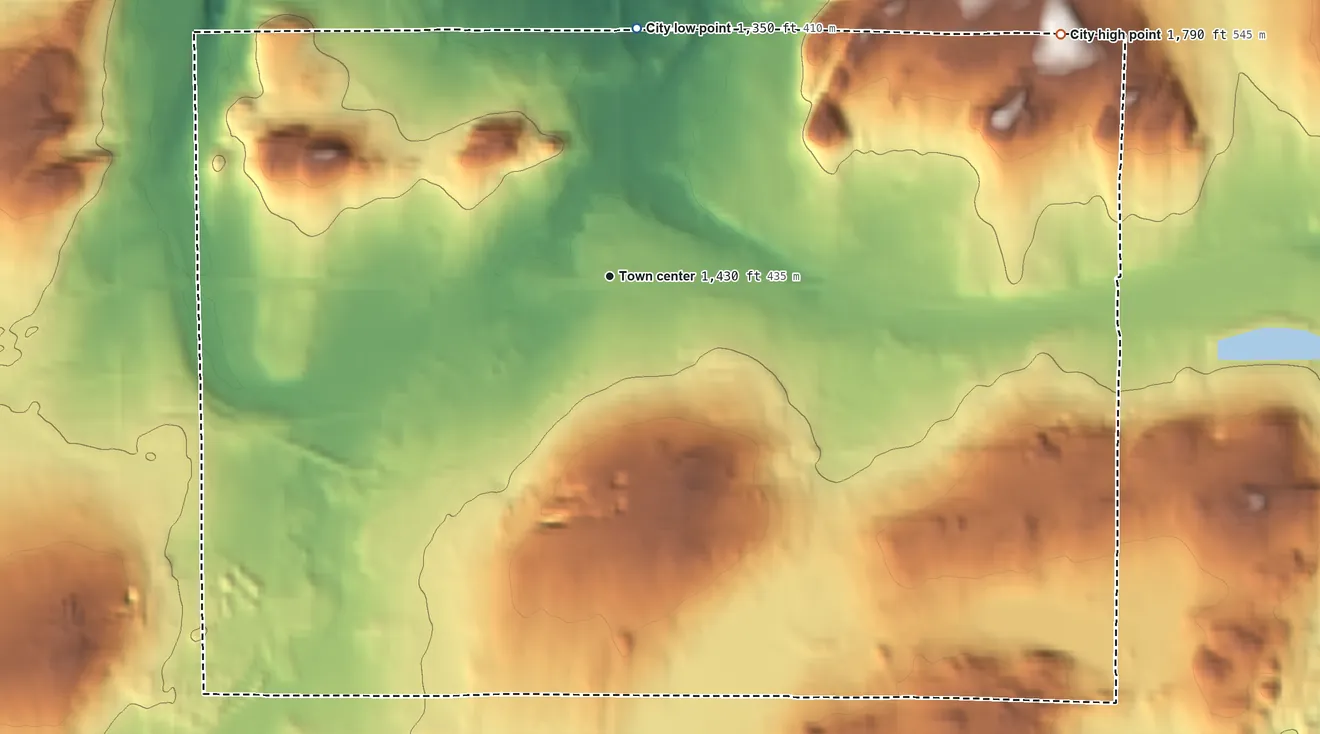 Topographic elevation map of Bessemer, Michigan, shaded from 1,350 ft on the north side to 1,790 ft on the northeast side