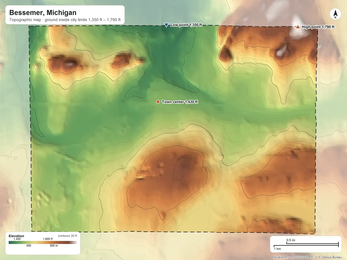 Topographic elevation map of Bessemer, Michigan, shaded from 1,350 ft on the north side to 1,790 ft on the northeast side