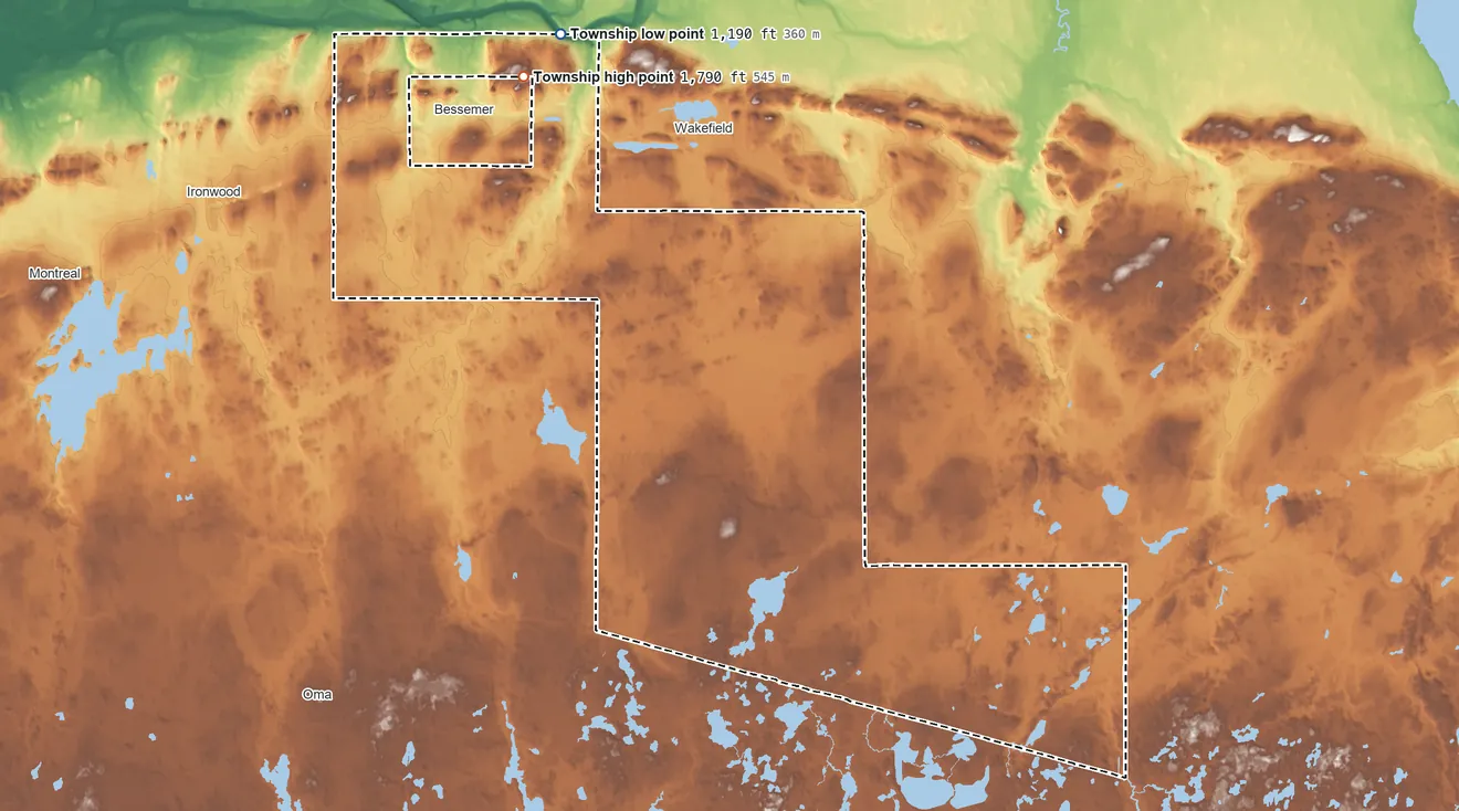 Topographic elevation map of Bessemer Township, Michigan, shaded from 1,190 ft on the north side to 1,790 ft near the middle