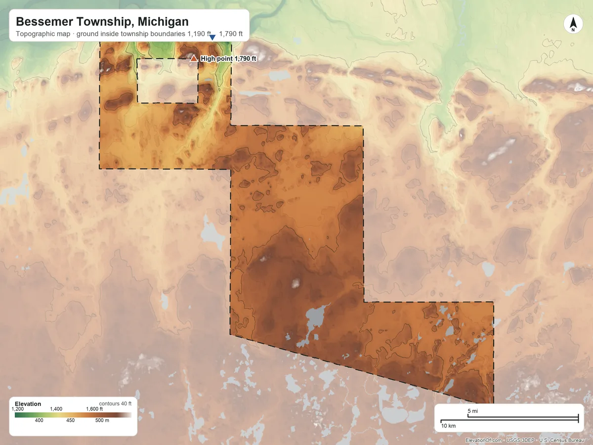 Topographic elevation map of Bessemer Township, Michigan, shaded from 1,190 ft on the north side to 1,790 ft near the middle