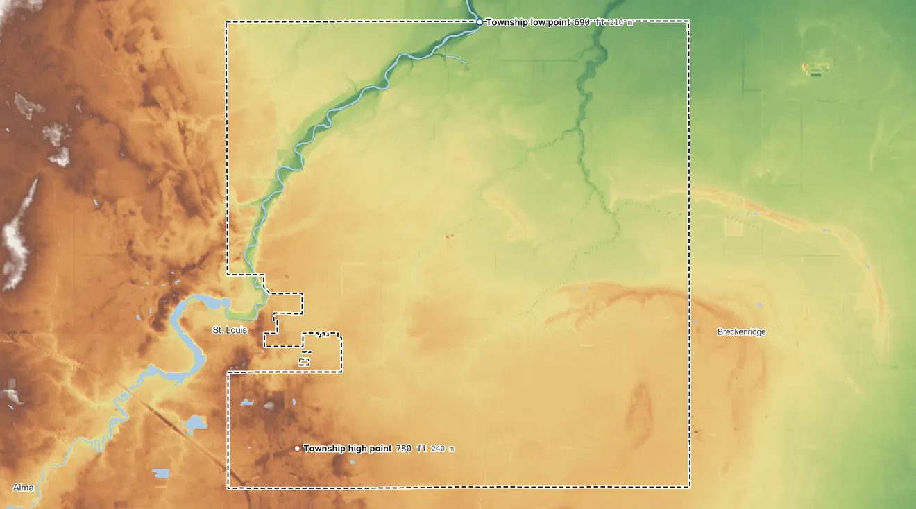 Topographic elevation map of Bethany Township, Michigan, shaded from 690 ft on the north side to 780 ft on the southwest side