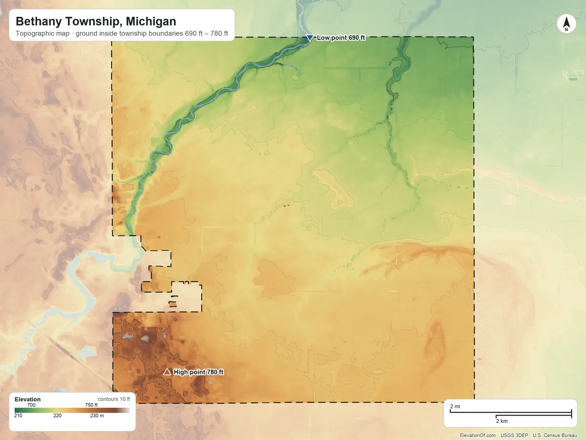 Topographic elevation map of Bethany Township, Michigan, shaded from 690 ft on the north side to 780 ft on the southwest side