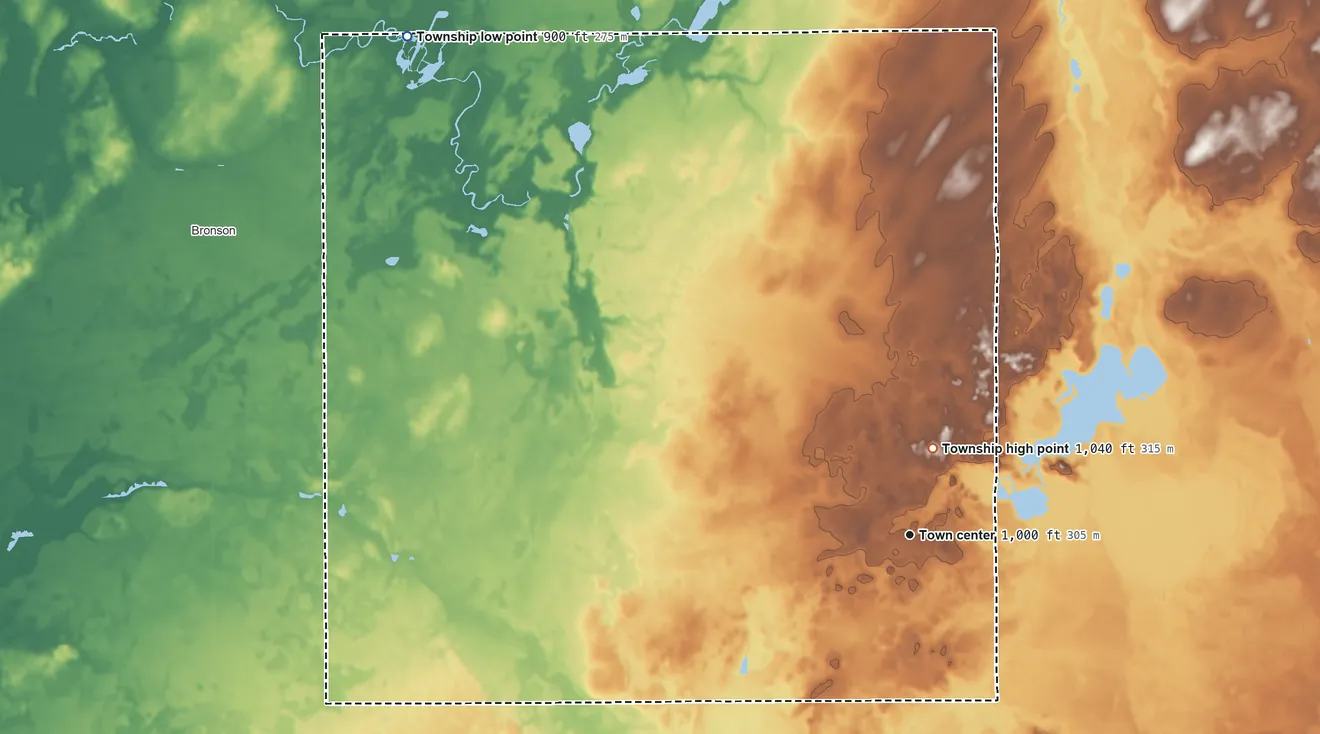 Topographic elevation map of Bethel Township, Michigan, shaded from 900 ft on the northwest side to 1,040 ft near the middle