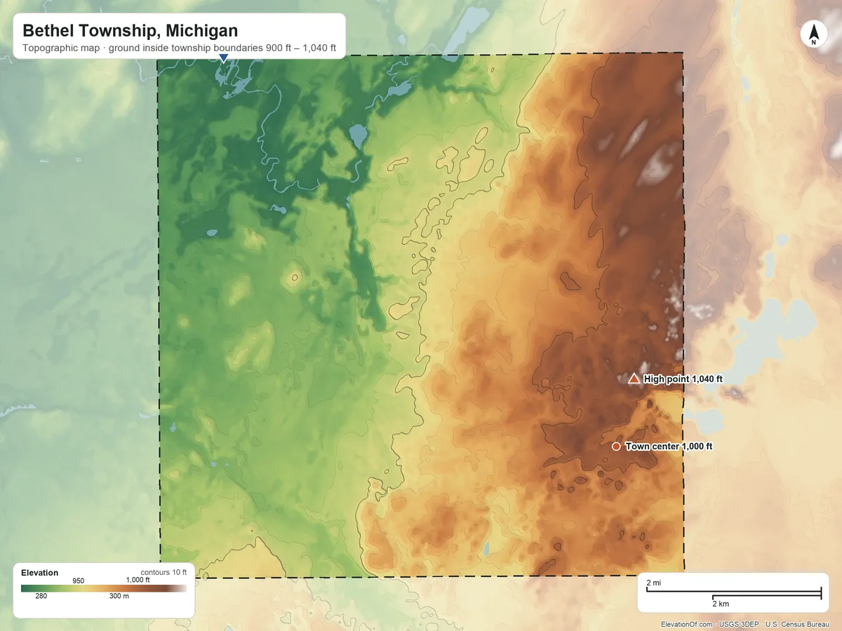 Topographic elevation map of Bethel Township, Michigan, shaded from 900 ft on the northwest side to 1,040 ft near the middle