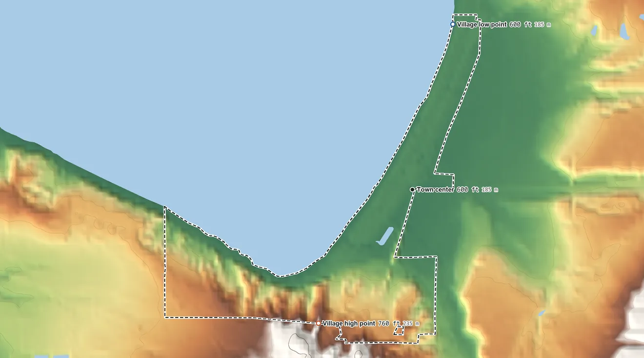 Topographic elevation map of Beulah, Michigan, shaded from 600 ft on the north side to 760 ft on the southwest side