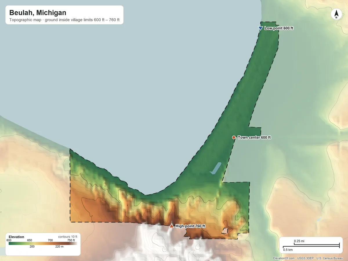 Topographic elevation map of Beulah, Michigan, shaded from 600 ft on the north side to 760 ft on the southwest side