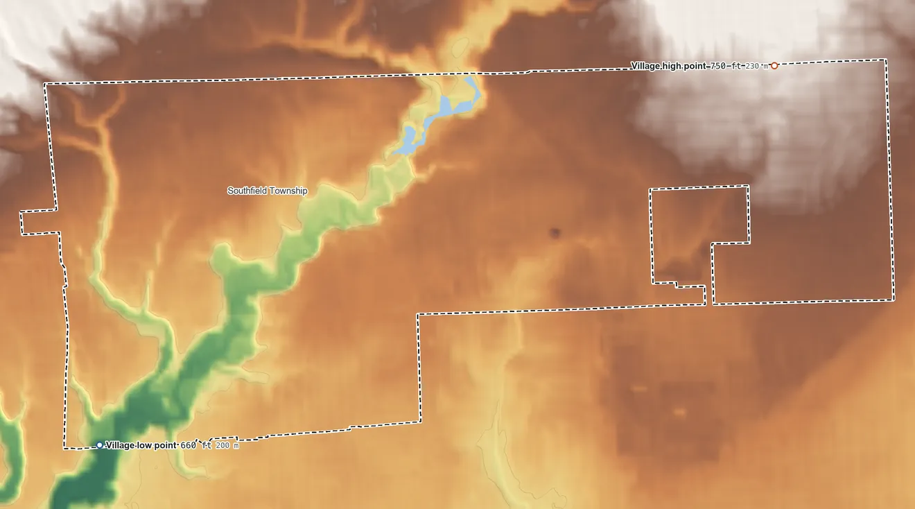 Topographic elevation map of Beverly Hills, Michigan, shaded from 660 ft on the southwest side to 750 ft on the northeast side