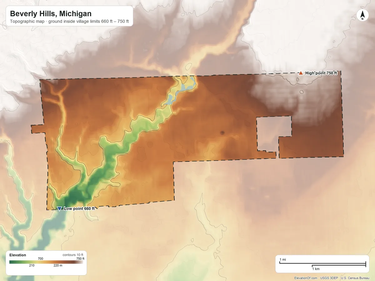 Topographic elevation map of Beverly Hills, Michigan, shaded from 660 ft on the southwest side to 750 ft on the northeast side