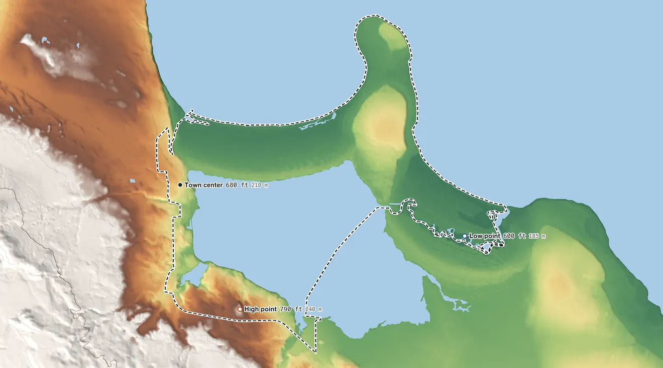 Topographic elevation map of Big Bay, Michigan, shaded from 600 ft on the east side to 790 ft at the foot of the Huron Mountains