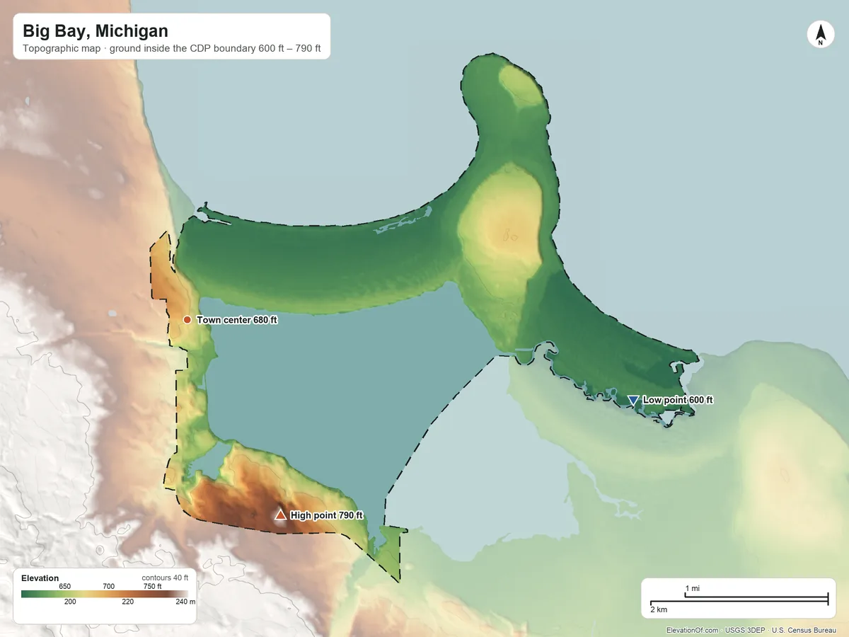 Topographic elevation map of Big Bay, Michigan, shaded from 600 ft on the east side to 790 ft at the foot of the Huron Mountains
