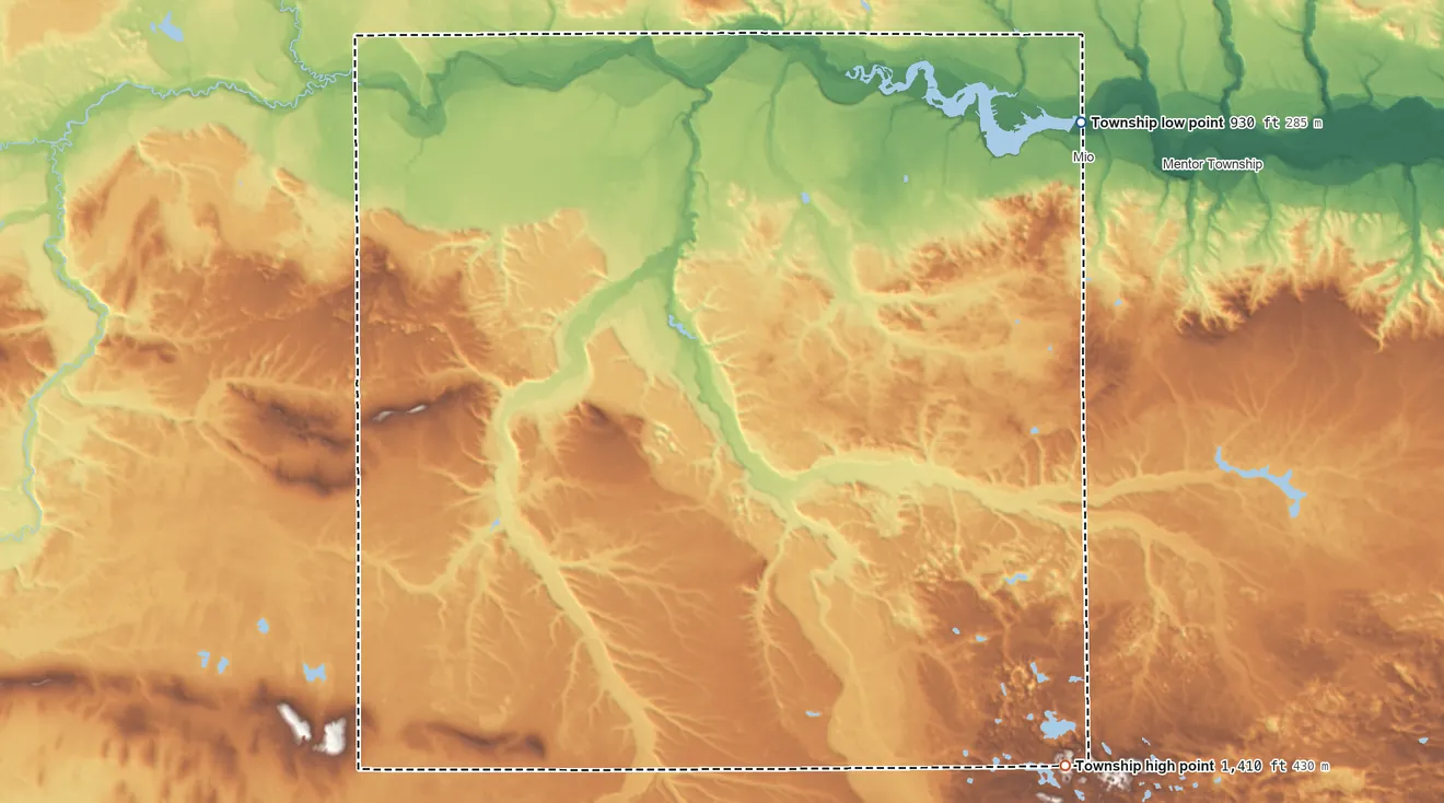 Topographic elevation map of Big Creek Township, Michigan, shaded from 930 ft on the northeast side to 1,410 ft on the south side