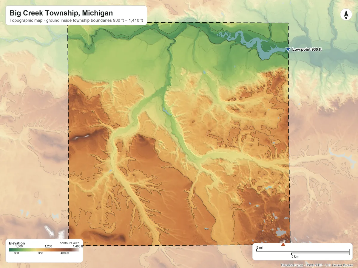 Topographic elevation map of Big Creek Township, Michigan, shaded from 930 ft on the northeast side to 1,410 ft on the south side