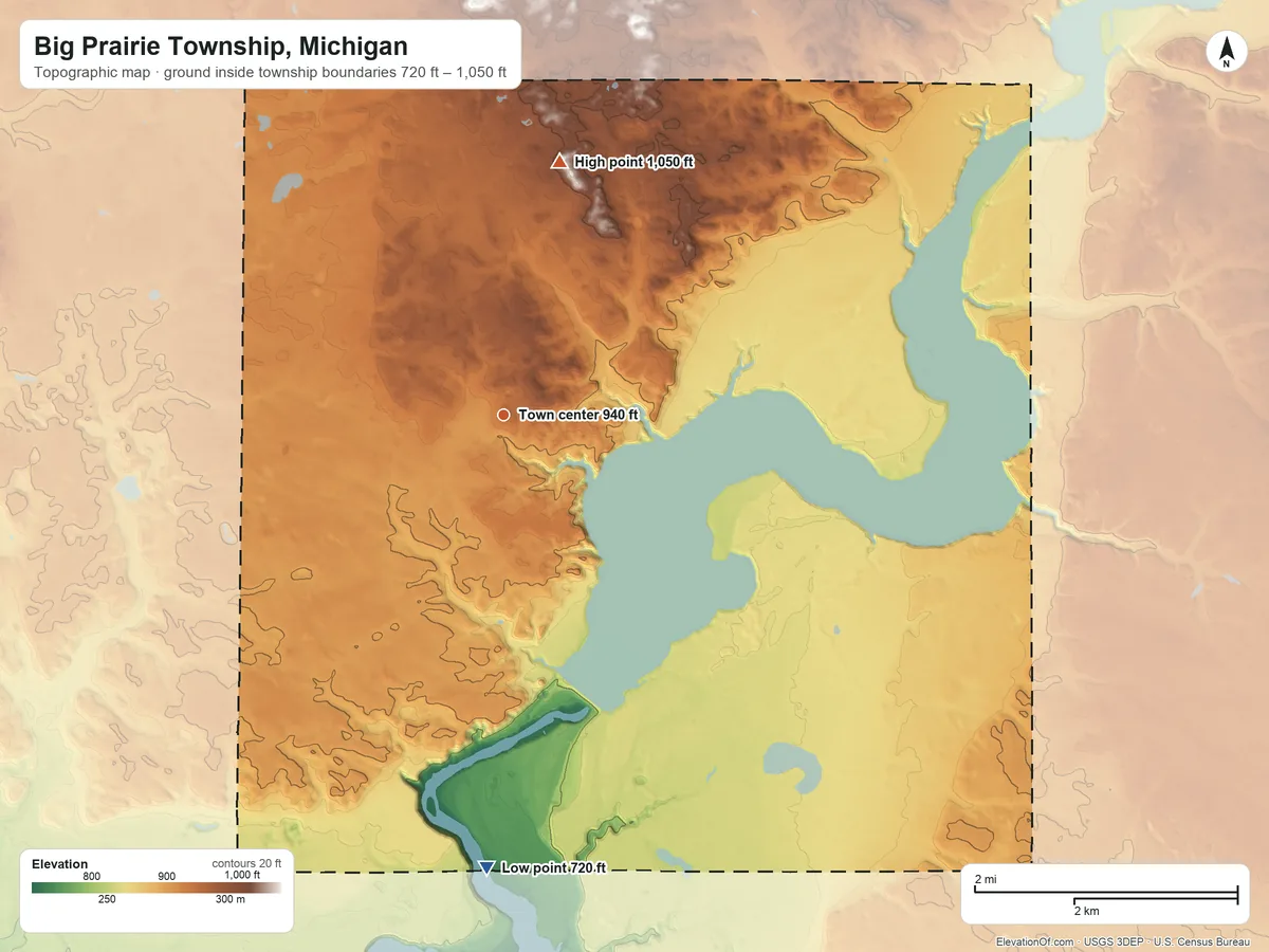 Topographic elevation map of Big Prairie Township, Michigan, shaded from 720 ft on the south side to 1,050 ft on the north side