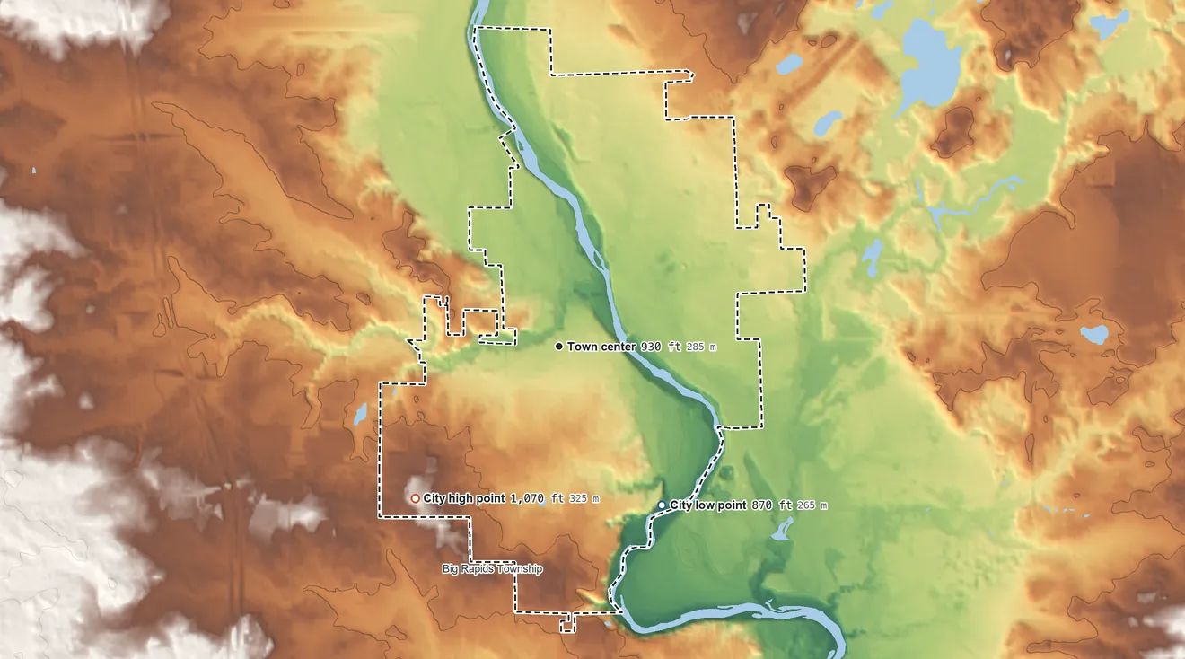 Topographic elevation map of Big Rapids, Michigan, shaded from 870 ft on the southeast side to 1,070 ft on the southwest side