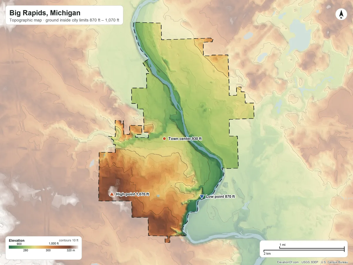 Topographic elevation map of Big Rapids, Michigan, shaded from 870 ft on the southeast side to 1,070 ft on the southwest side