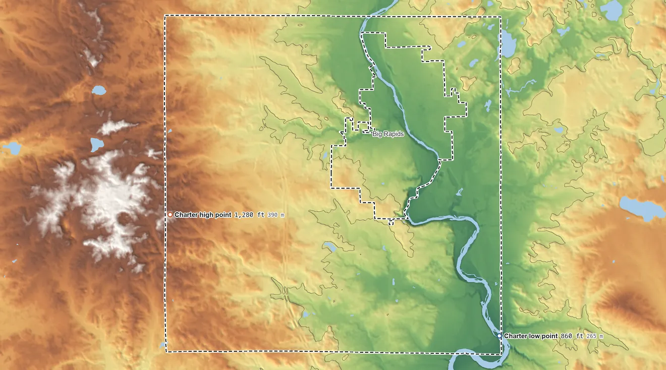 Topographic elevation map of Big Rapids Township, Michigan, shaded from 860 ft on the southeast side to 1,280 ft on the west side