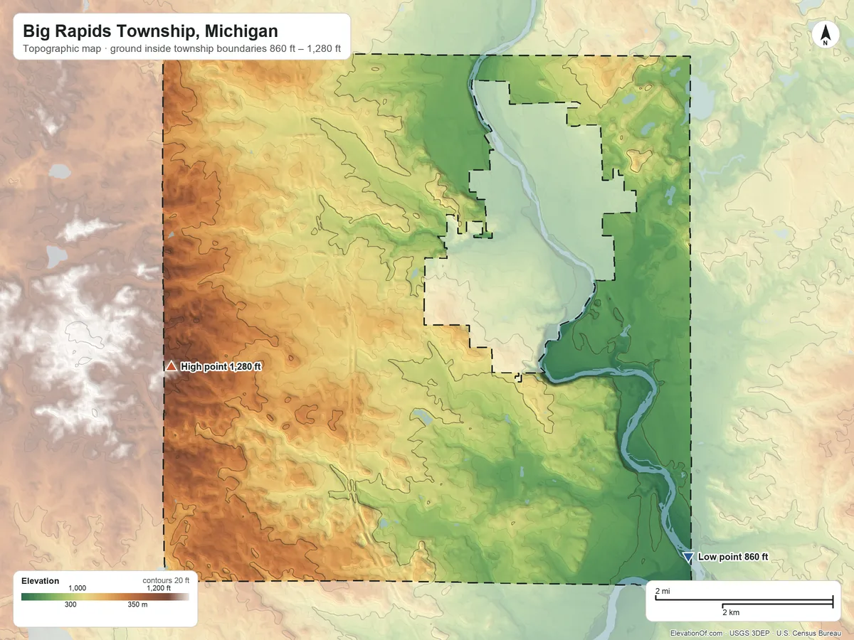 Topographic elevation map of Big Rapids Township, Michigan, shaded from 860 ft on the southeast side to 1,280 ft on the west side