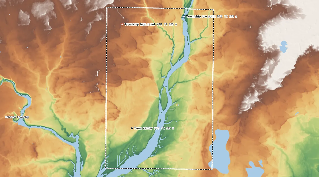 Topographic elevation map of Billings Township, Michigan, shaded from 670 ft on the northeast side to 740 ft on the north side