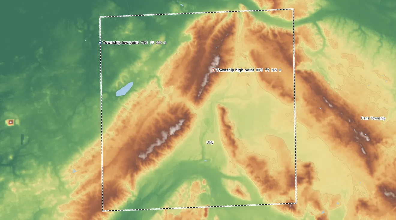 Topographic elevation map of Bingham Township, Huron County, Michigan, shaded from 750 ft on the northwest side to 870 ft on the north side