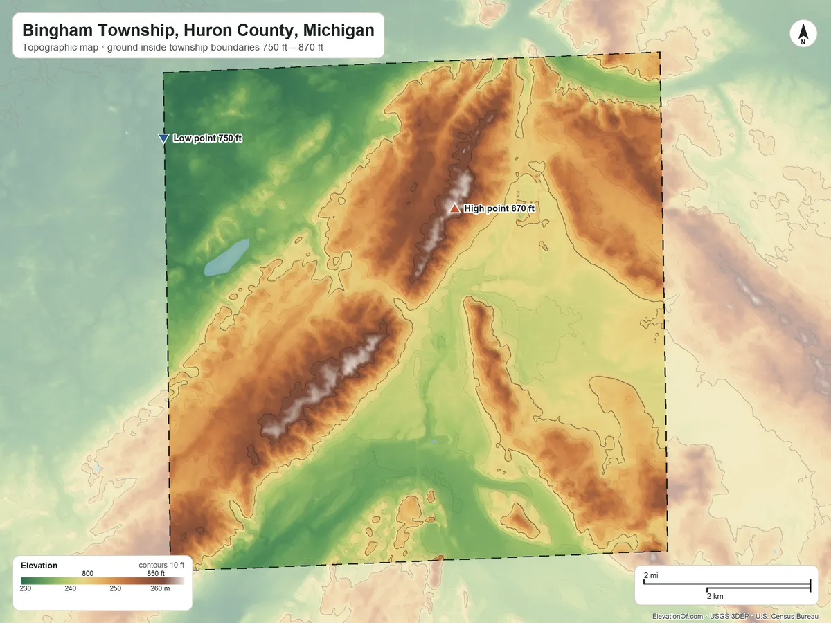 Topographic elevation map of Bingham Township, Huron County, Michigan, shaded from 750 ft on the northwest side to 870 ft on the north side