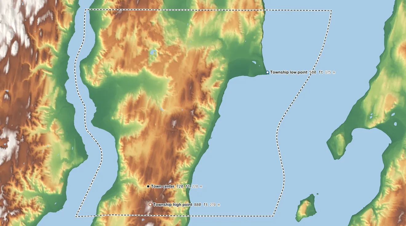 Topographic elevation map of Bingham Township, Leelanau County, Michigan, shaded from 580 ft on the northeast side to 880 ft near the middle
