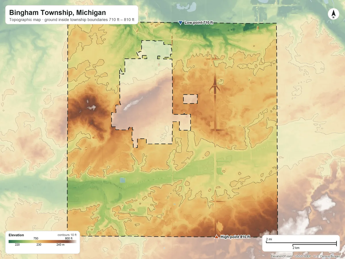 Topographic elevation map of Bingham Township, Michigan, shaded from 710 ft on the north side to 810 ft on the southeast side