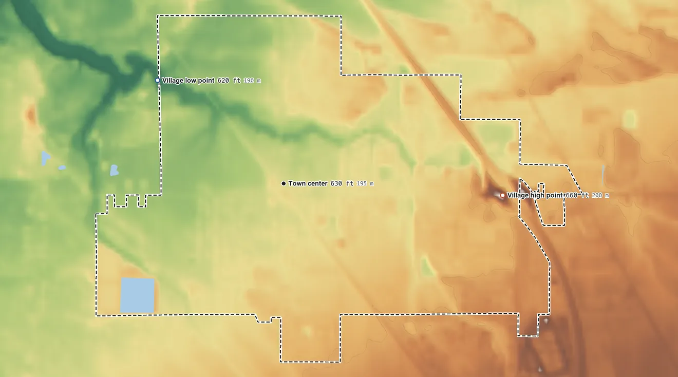 Topographic elevation map of Birch Run, Michigan, shaded from 620 ft on the northwest side to 660 ft on the east side