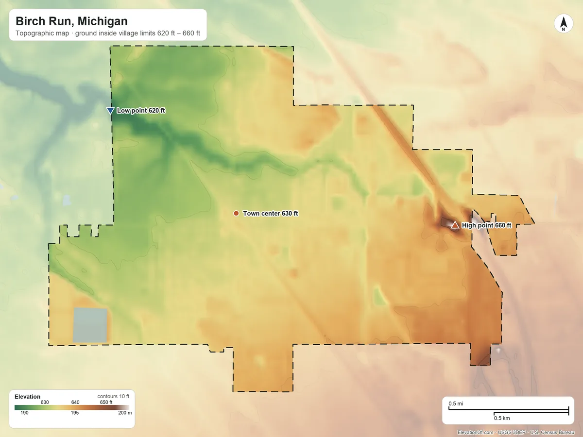 Topographic elevation map of Birch Run, Michigan, shaded from 620 ft on the northwest side to 660 ft on the east side