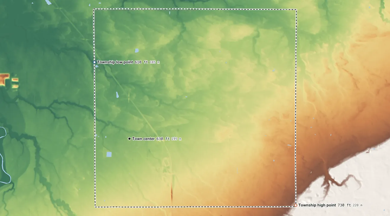Topographic elevation map of Birch Run Township, Michigan, shaded from 610 ft on the northwest side to 730 ft on the east side