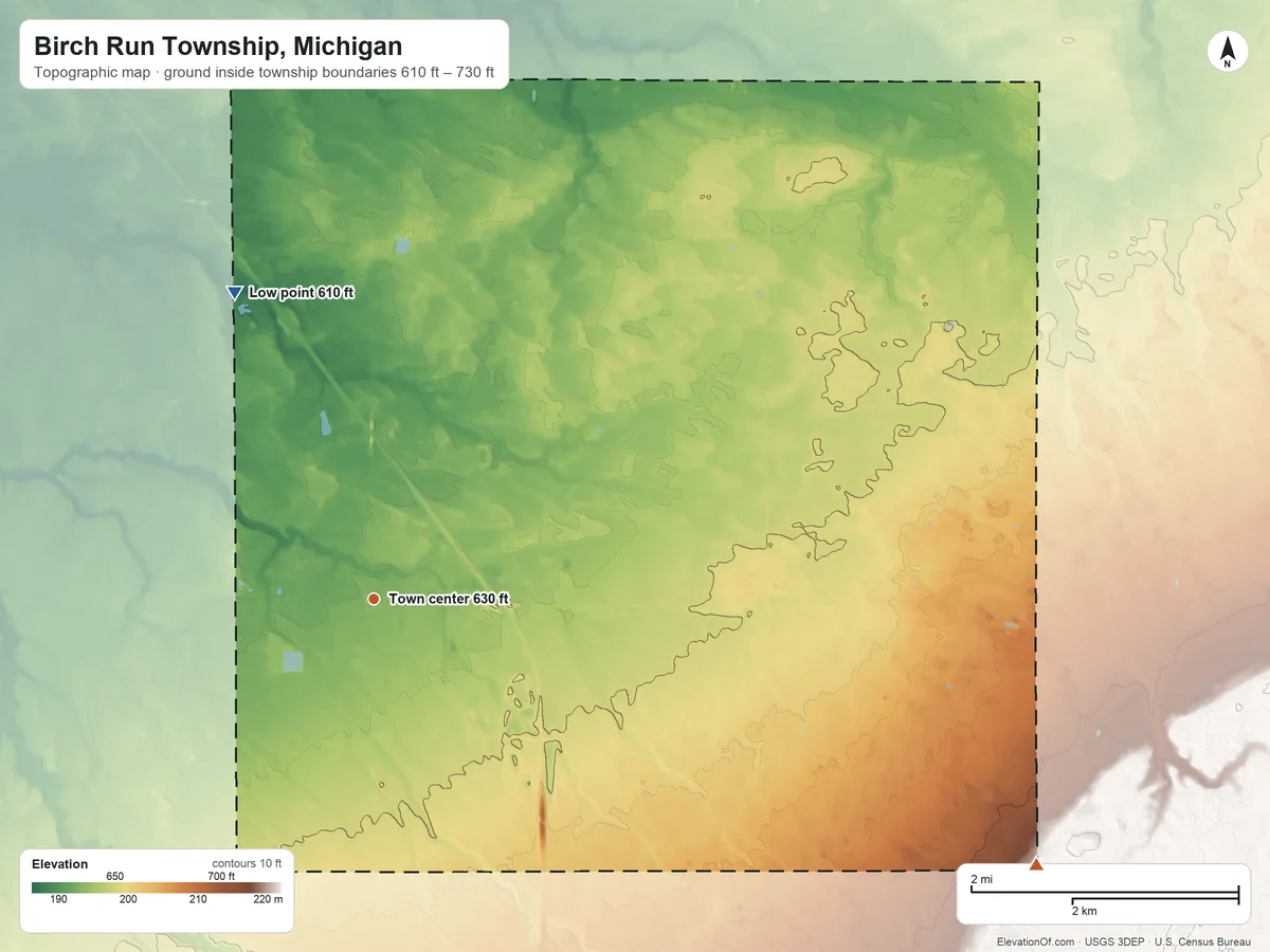 Topographic elevation map of Birch Run Township, Michigan, shaded from 610 ft on the northwest side to 730 ft on the east side