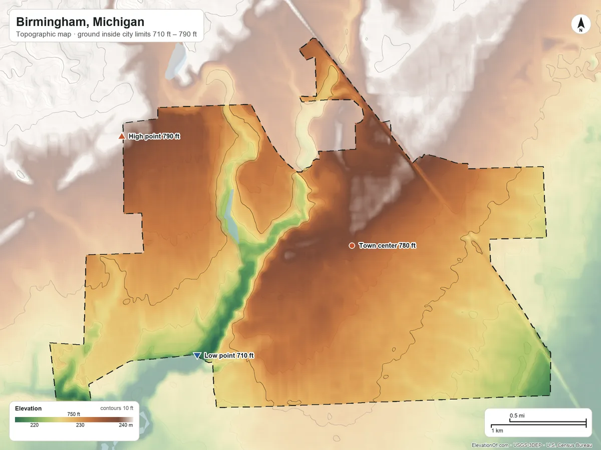Topographic elevation map of Birmingham, Michigan, shaded from 710 ft on the southwest side to 790 ft on the northwest side