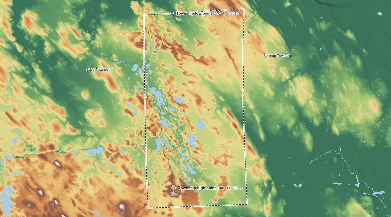 Topographic elevation map of Bismarck Township, Michigan, shaded from 770 ft on the northwest side to 940 ft on the south side