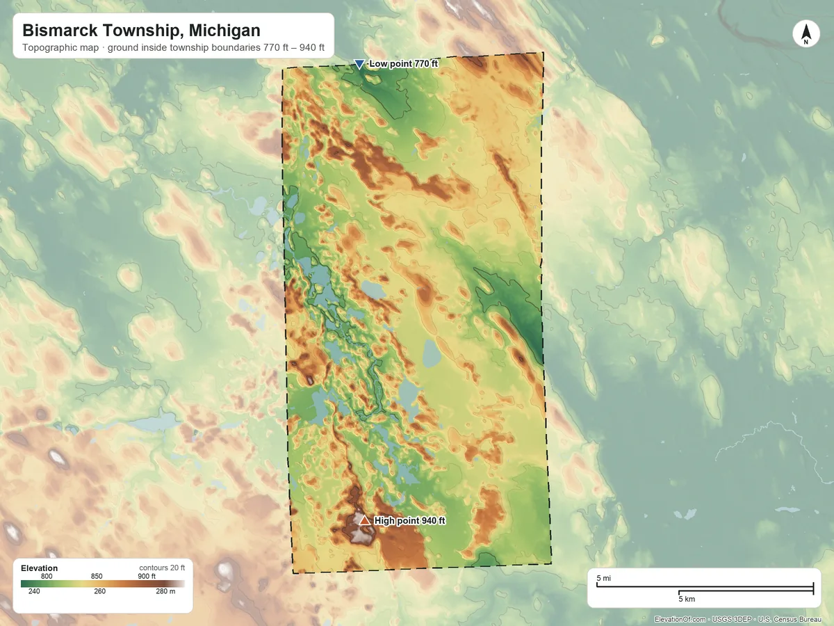 Topographic elevation map of Bismarck Township, Michigan, shaded from 770 ft on the northwest side to 940 ft on the south side