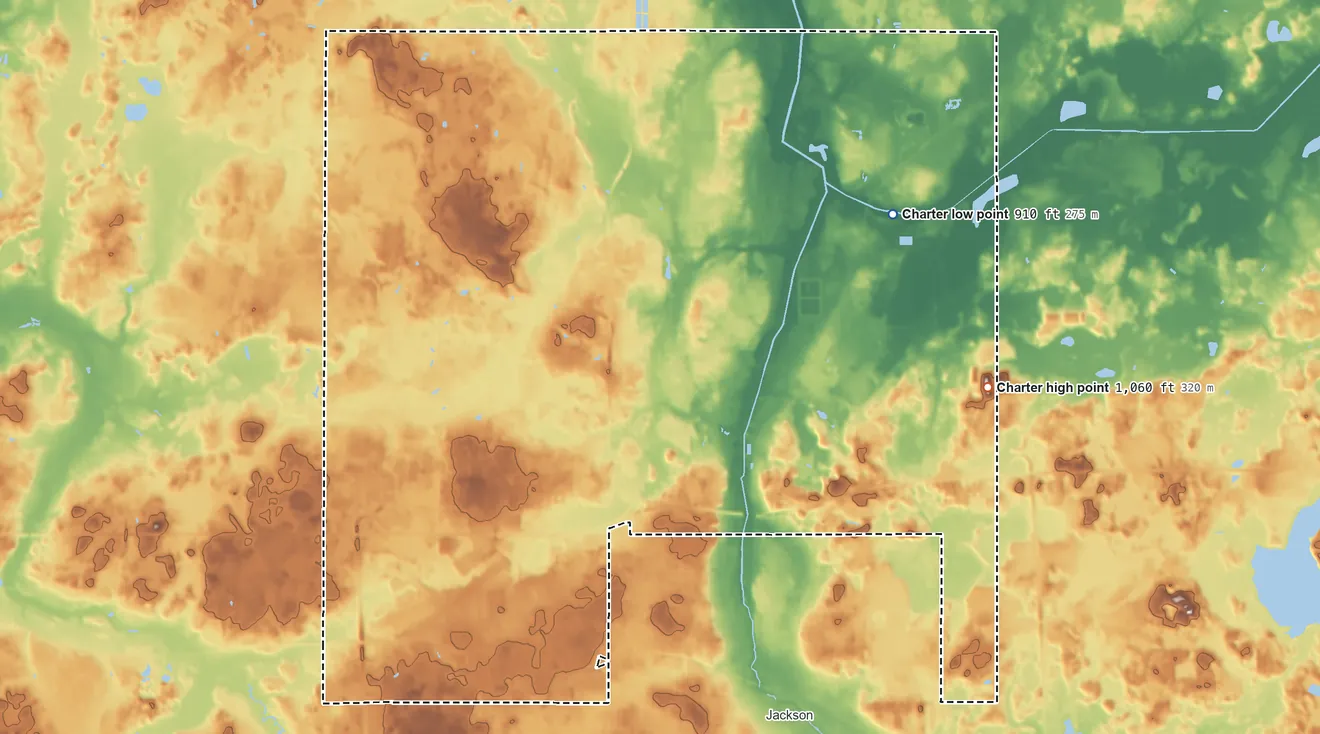 Topographic elevation map of Blackman Township, Michigan, shaded from 910 ft on the northeast side to 1,060 ft on the east side