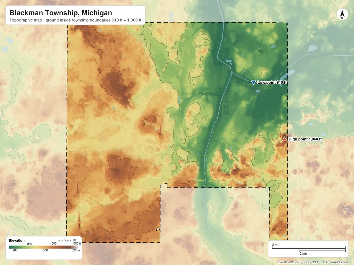 Topographic elevation map of Blackman Township, Michigan, shaded from 910 ft on the northeast side to 1,060 ft on the east side