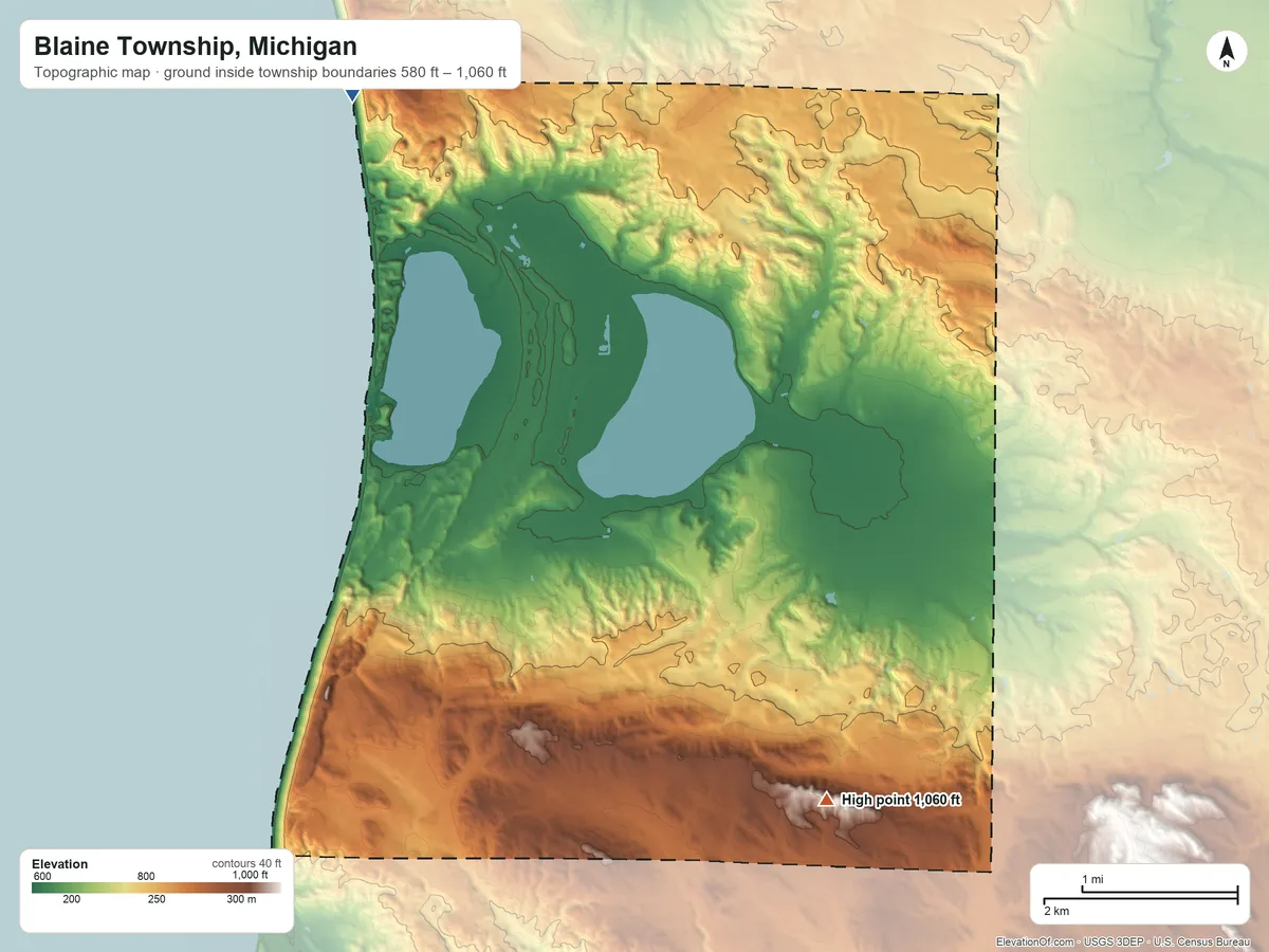 Topographic elevation map of Blaine Township, Michigan, shaded from 580 ft on the northwest side to 1,060 ft on the south side