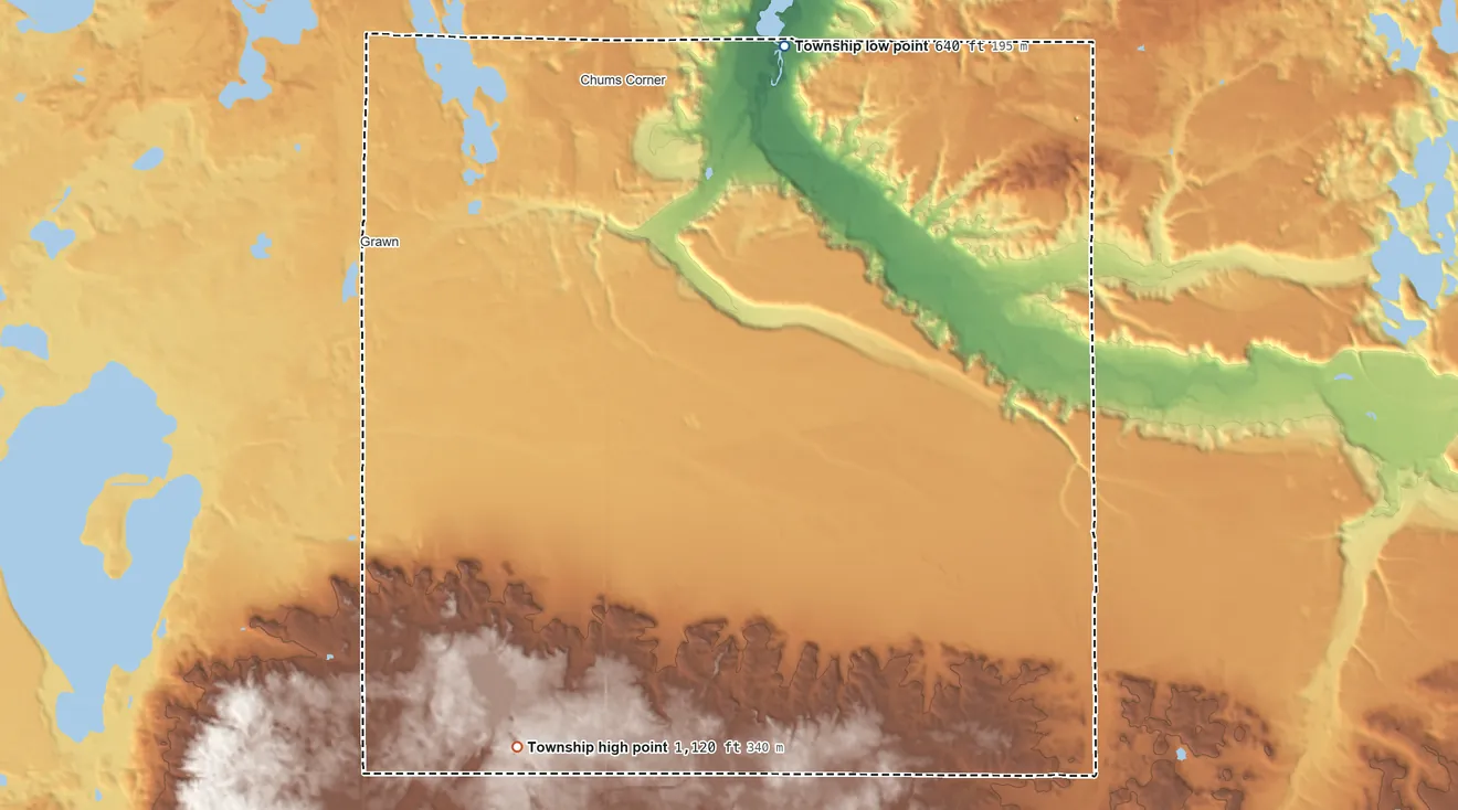 Topographic elevation map of Blair Township, Michigan, shaded from 640 ft on the northeast side to 1,120 ft on the south side