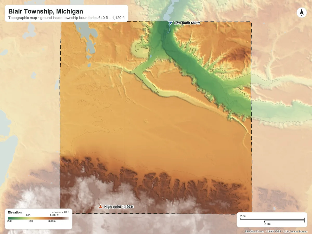 Topographic elevation map of Blair Township, Michigan, shaded from 640 ft on the northeast side to 1,120 ft on the south side